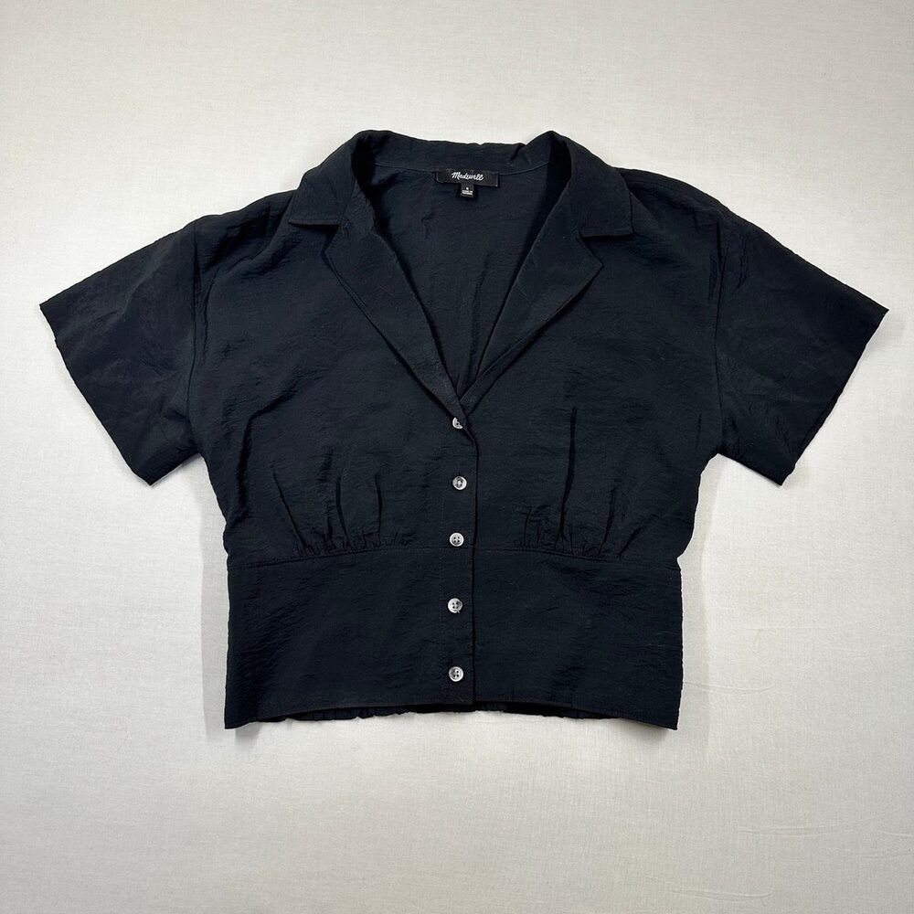 Coastal Prep Madewell Black Cropped Button-Front Blouse Smocked Hem S